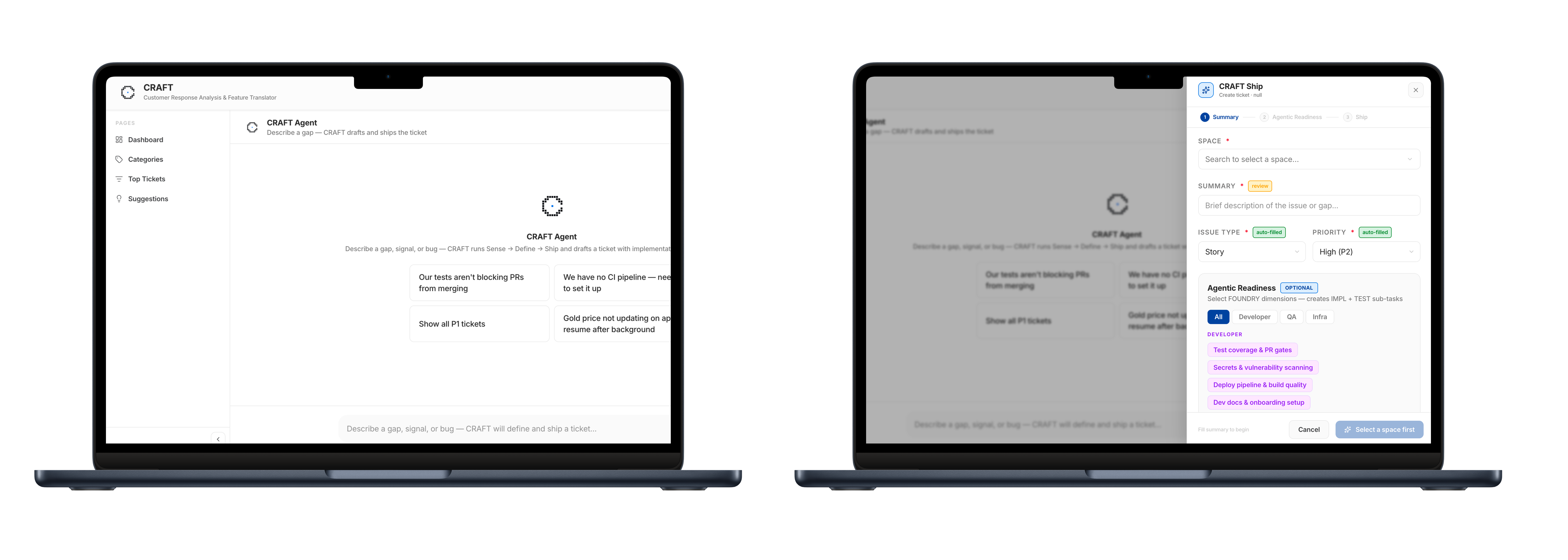 CRAFT(Customer Response Analysis & Feature Translator) product screens